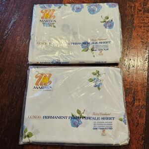 MARTEX Luxor blue rose vintage twin flat fitted sheet set floral percale NOS